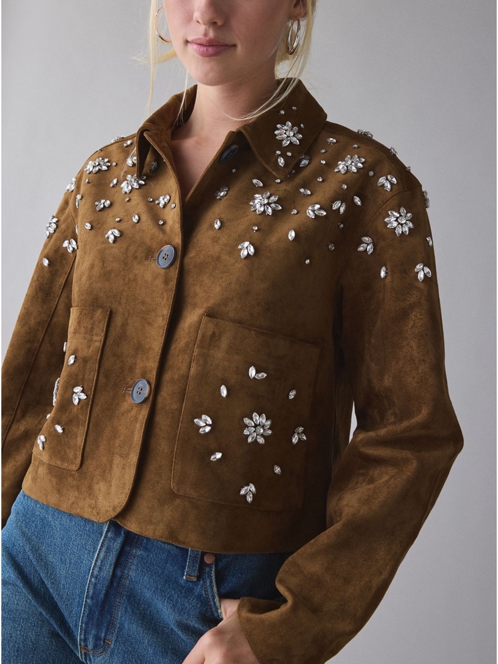 Embellished Suede Crop Jacket - Brown BlankNY